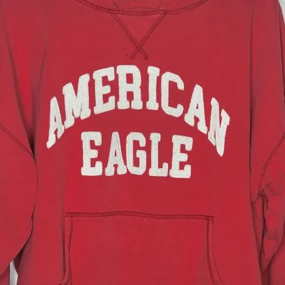 American Eagle Y2K Red White Spell Out Cozy Heavy Hooded Sweatshirt Pocket - Picture 3 of 13